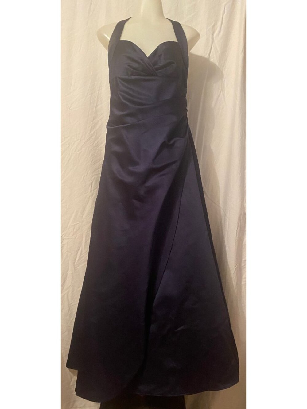 David's Bridal Navy Satin Halter Ruched Bridesmaid Dress